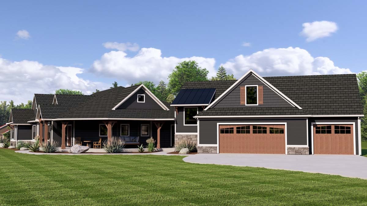 Modern Farmhouse house plan exterior with wrap-around porch, gables, and a three-car garage.