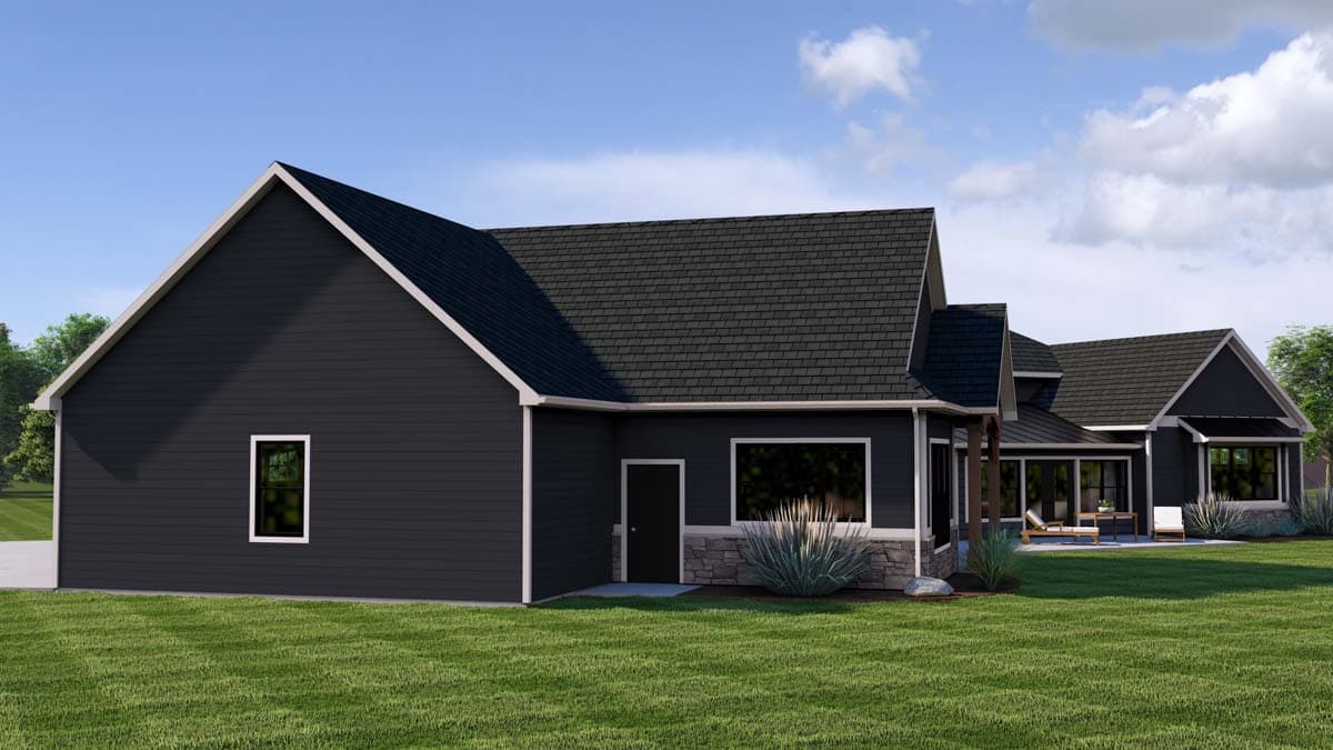 House plan exterior: One-story modern home with dark siding, stone accents, multiple gables, and covered patio.