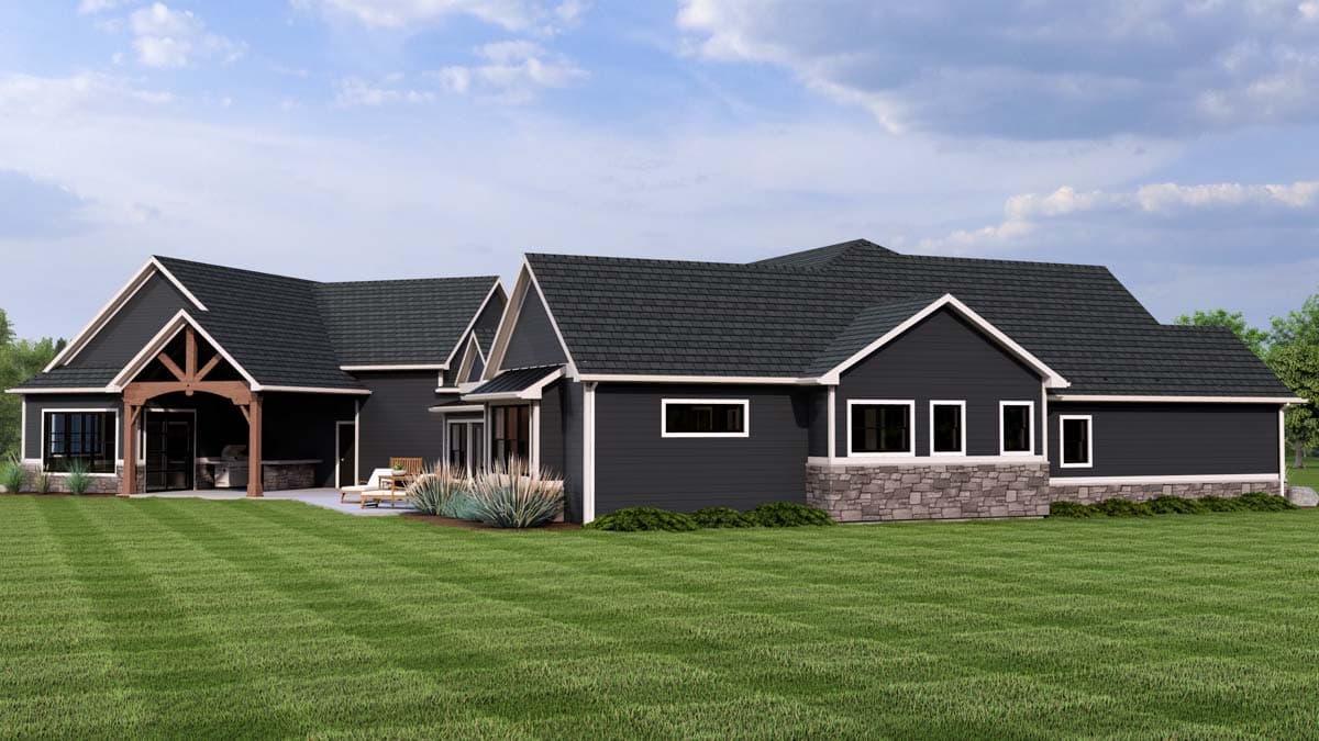 Modern Farmhouse house plan exterior with gables, stone accents, and an exposed timber covered outdoor living space.