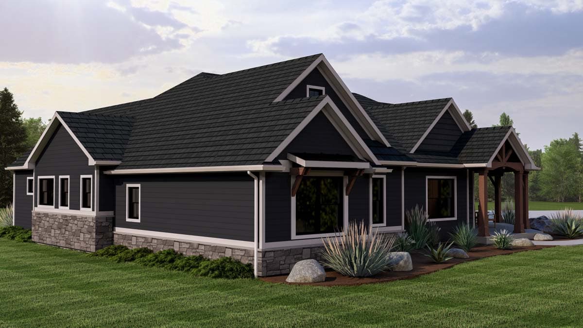 House plan exterior: Modern Farmhouse style with stone base, multiple gables, and wood-accented covered entryway.