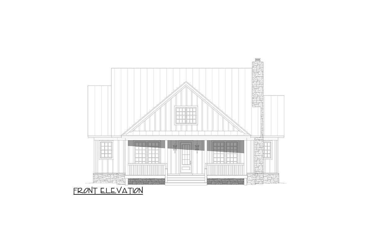 Front elevation of a one-story house plan featuring a metal roof, covered front porch, stone chimney, and gabled dormer.