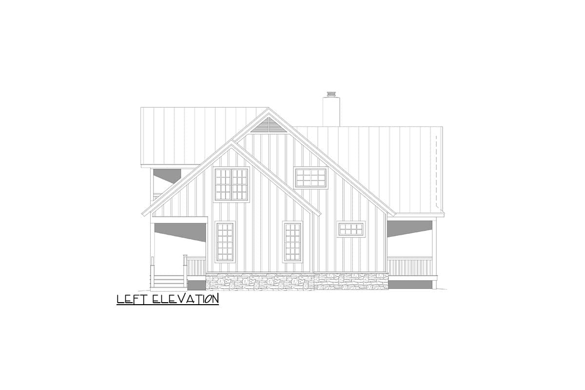 Left elevation house plan showing a two-story home with gabled roof, stone base, and covered porches.