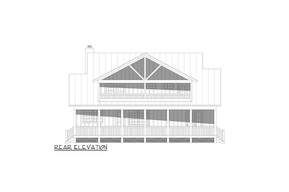 Rear elevation drawing of a two-story house with a full-width porch and a prominent gable.