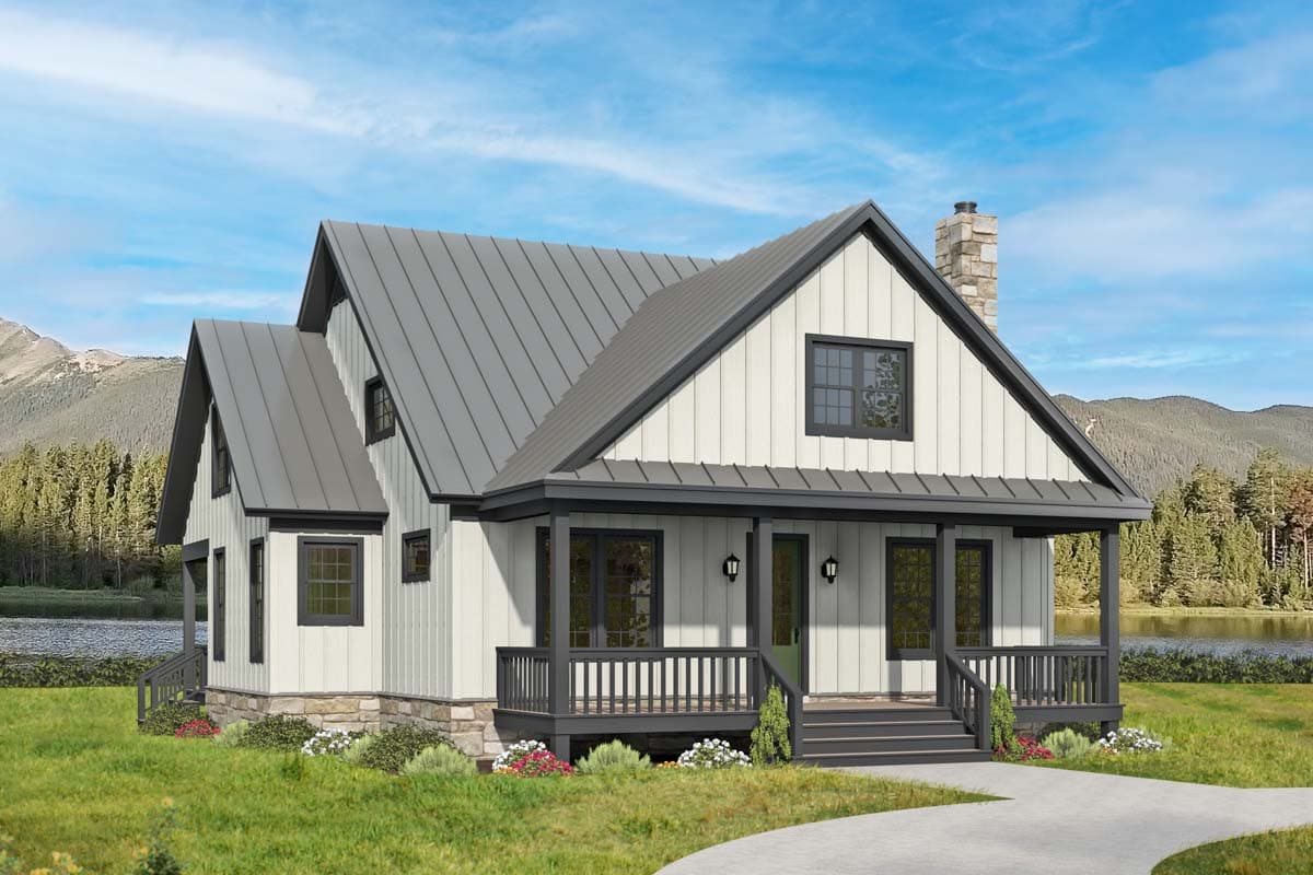 House plan exterior. Two-story, farmhouse-style home with gabled roof, front porch, and stone chimney. Features include board and batten siding.