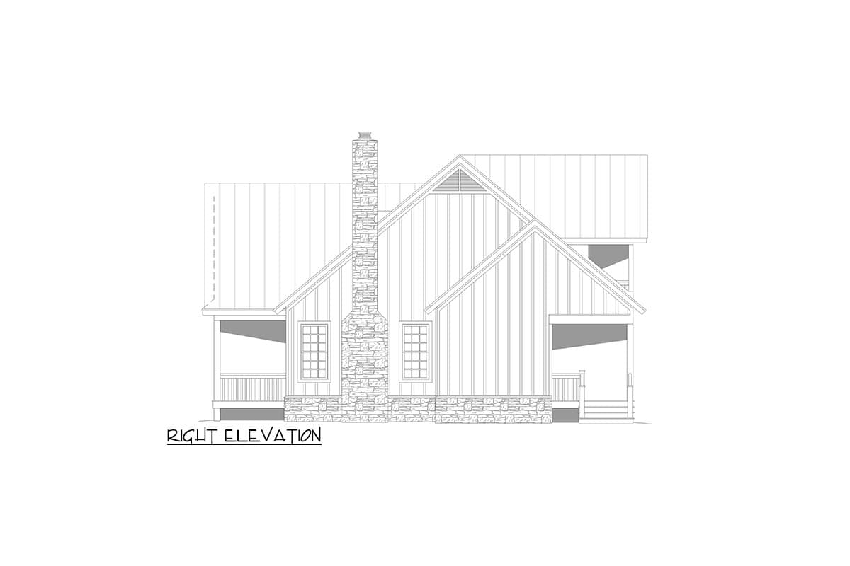 Right elevation house plan with stone chimney, gable accents, and covered porches.