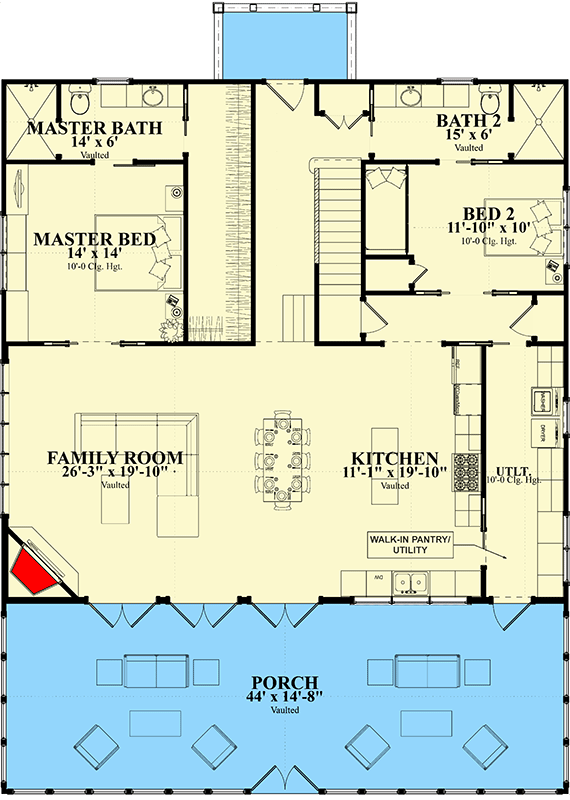 Plan 86402HH: Elevated Beach House Plan with Vaulted Interior and Loft - 2104 Sq Ft - Floor Plan - Main Level - Beach, Coastal, Southern, Vacation