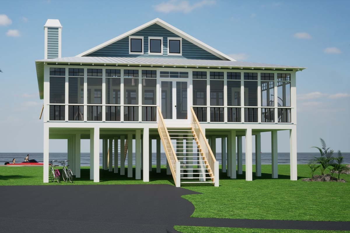 House plan exterior of a two-story stilt home with a screened porch, metal roof, gabled dormers, and central stairs.