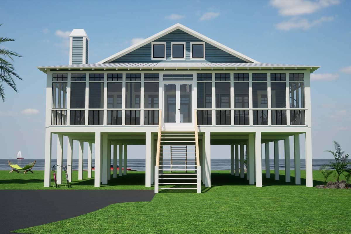 House plan exterior: Elevated coastal style home with screened porch, gabled roof, and three dormer windows.