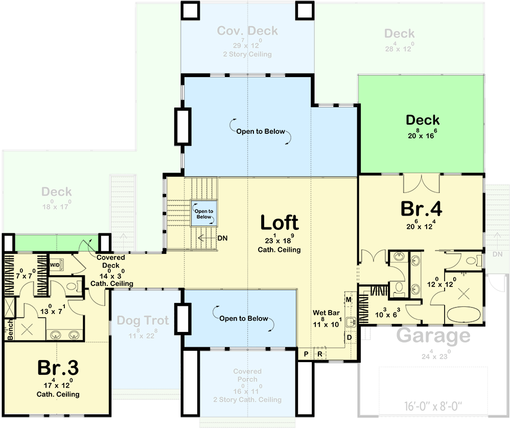 Plan 623312DJ: Lake House Plan with Dog Trot and Guest Suite - 4271 Sq Ft - Floor Plan - 2nd Floor - Contemporary, New American, Scandinavian, Transitional