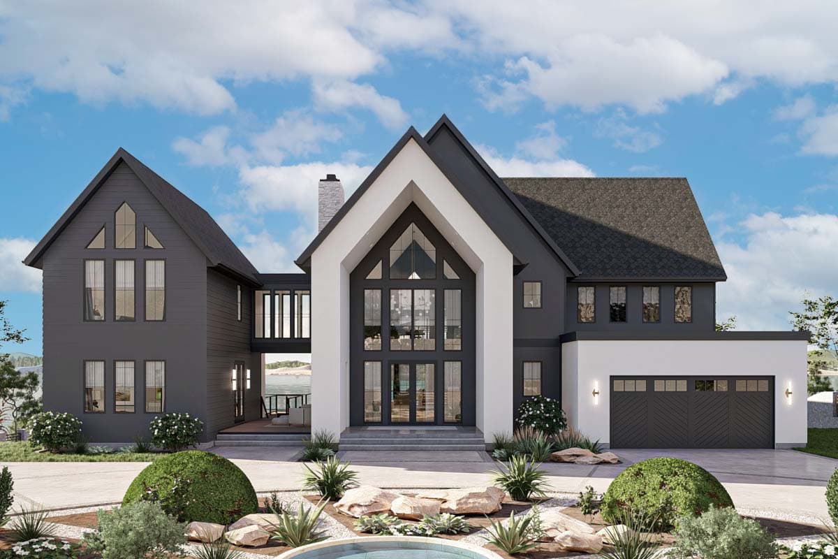 House plan exterior with modern style, two stories, gable roof, multi-pane windows, and attached garage. Includes a covered walkway.