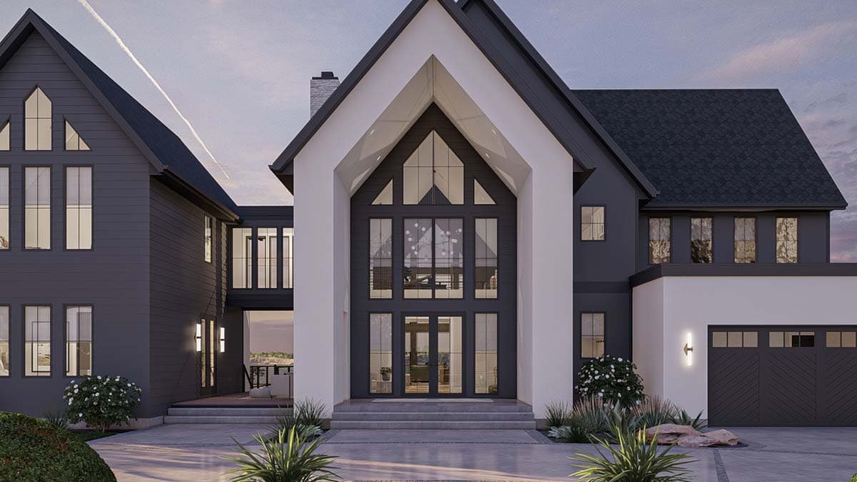 Modern house plan exterior with a large arched window entryway, multiple gables, and attached garage.