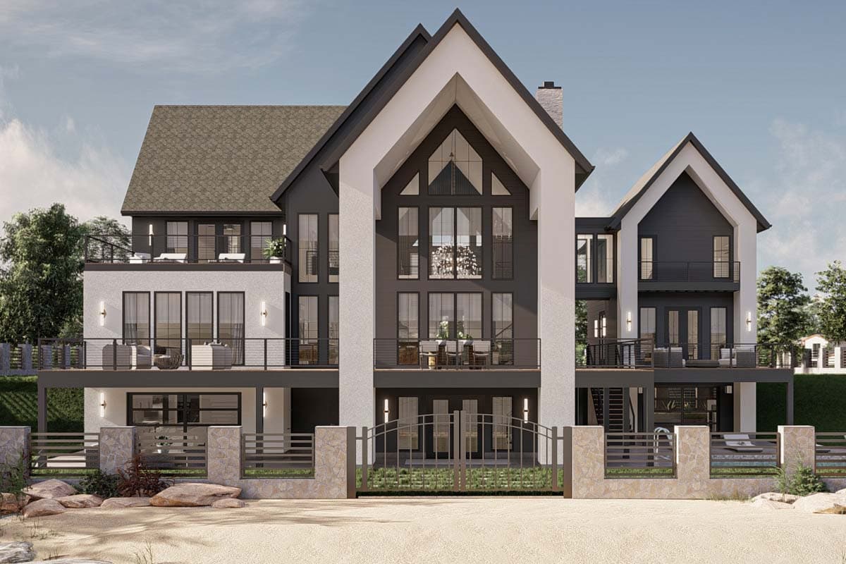 Modern house plan exterior with multiple levels, balconies, large gabled windows, and dark and white contrasting facade.
