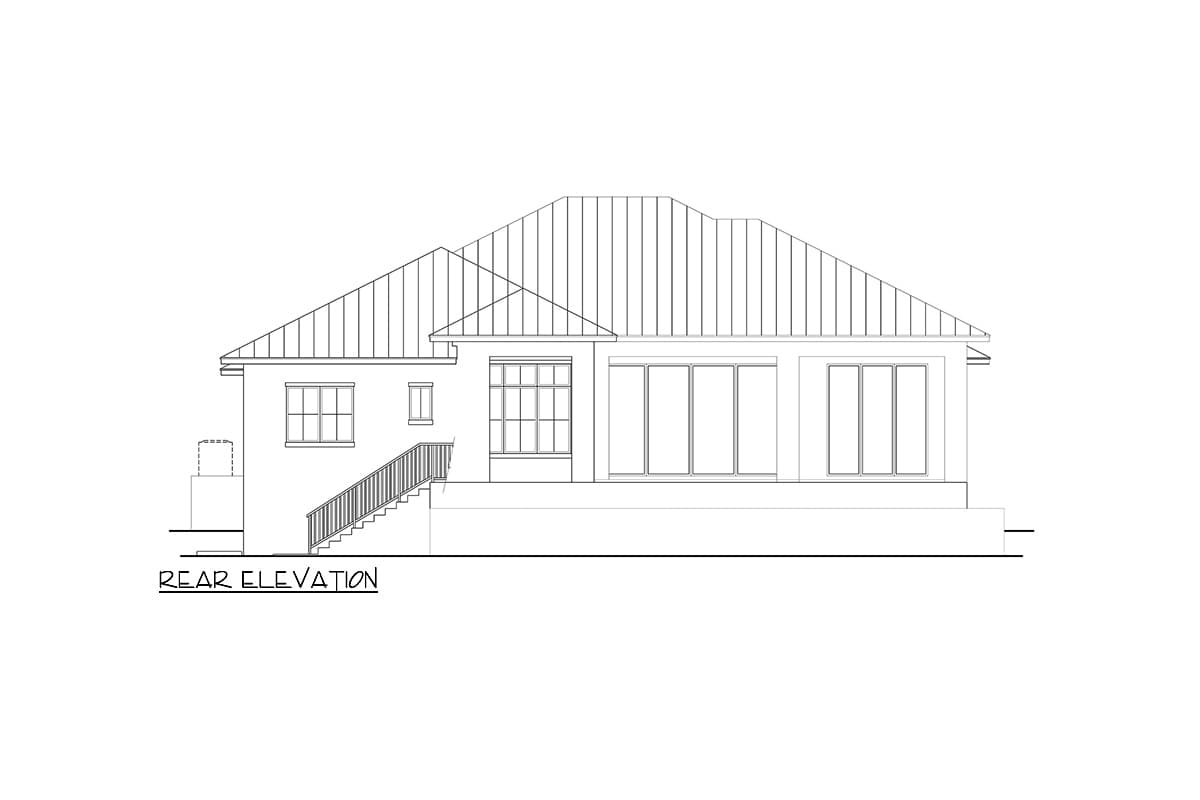 Rear elevation drawing of a single-story house with a hipped roof, multiple windows, and a set of stairs leading to the rear.
