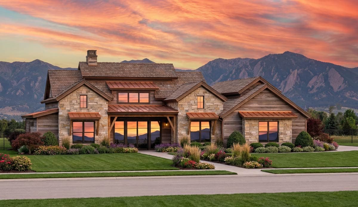 House plan exterior with stone and wood siding, gabled roof, and multiple dormers. Features include an entry porch and exposed rafter tails.