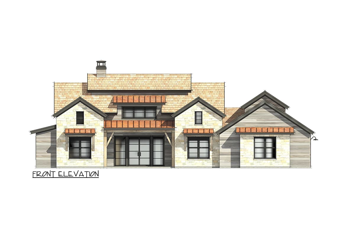 Front elevation of a two-story house plan with stone and wood siding, multiple gables, and large windows.