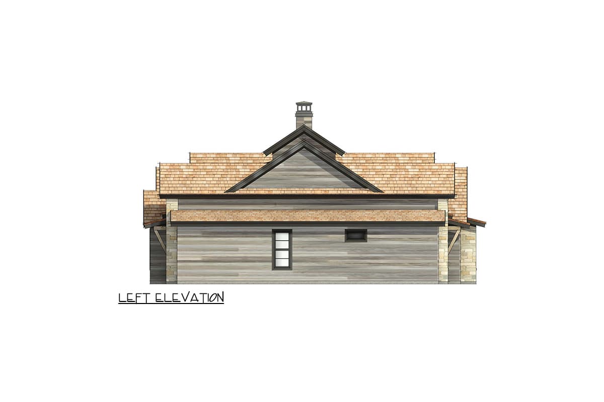 Left elevation of a house plan featuring stacked gables, wood siding, stone accents, and a chimney.