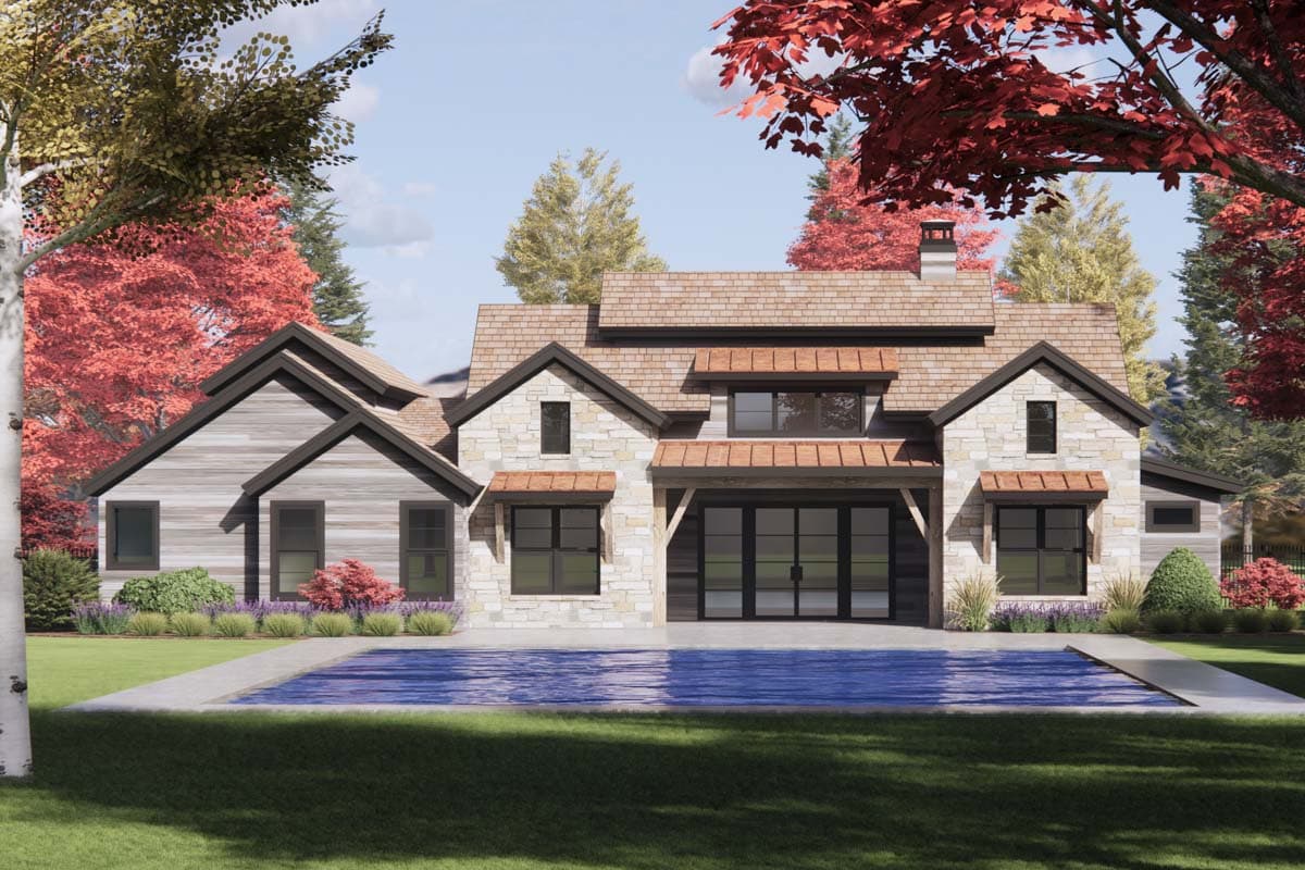 House plan exterior: Modern Farmhouse style with stone and wood siding, multiple gables, dormers, and a prominent covered entrance.