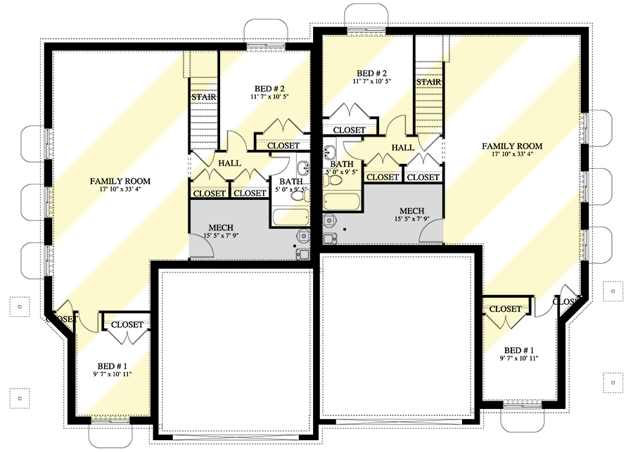 Plan 61478UT: Duplex House Plan with Matching 1287 Square Foot Units - Floor Plan - Lower Level - Southern, Southern Traditional, Traditional