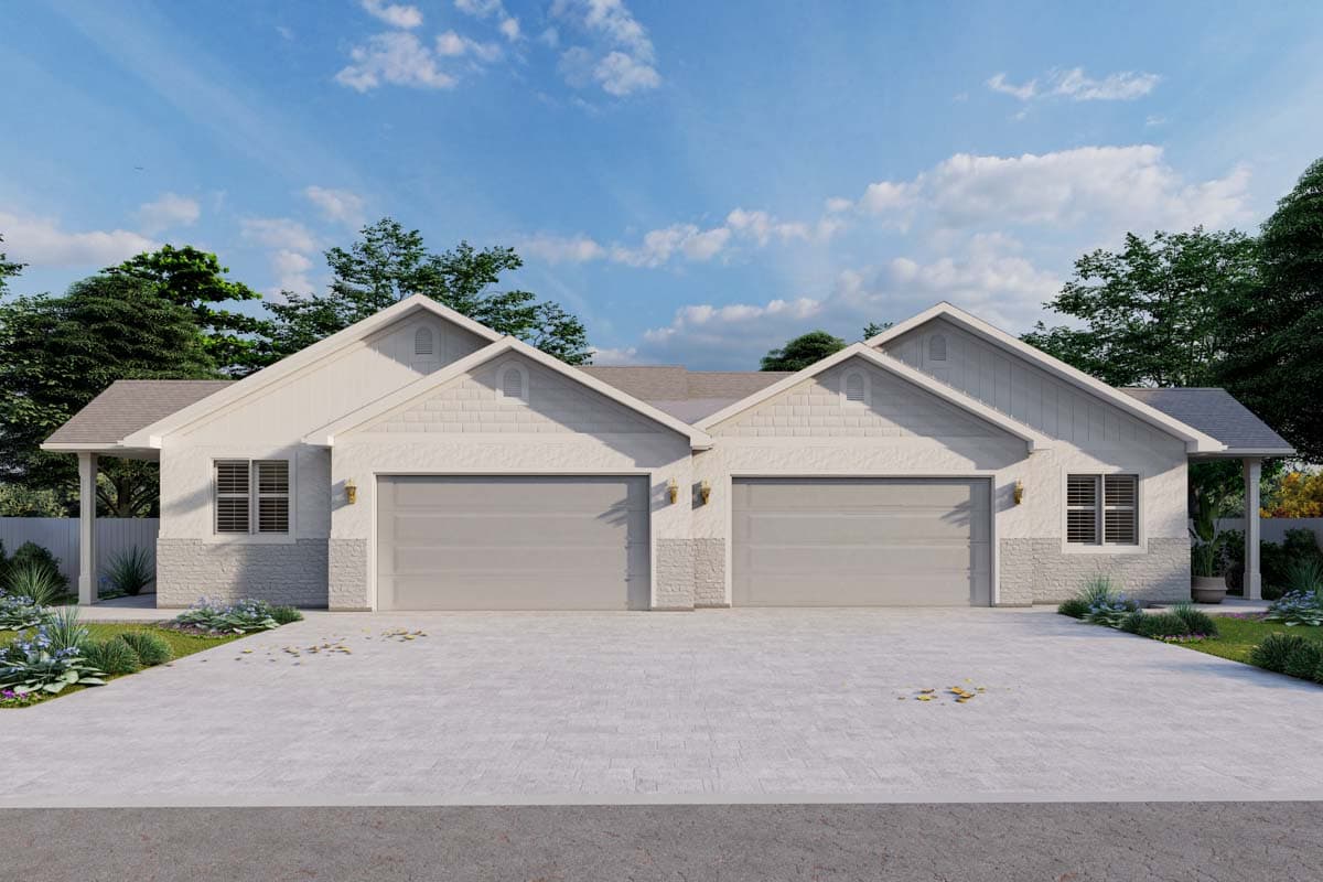 House plan exterior with two-car garage. Features include gabled roof, brick veneer, and a covered porch. White siding and gray garage doors.