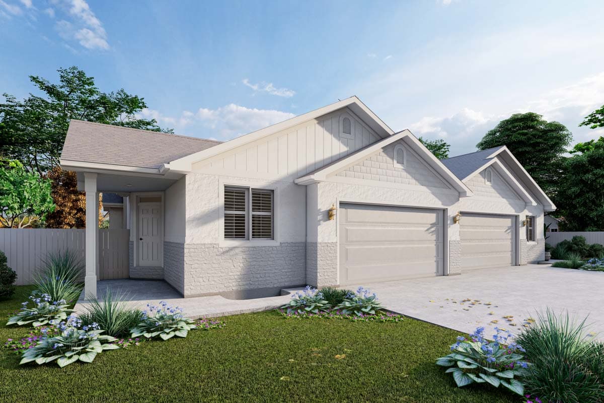 House plan exterior: single-story Modern Farmhouse with covered porch, board and batten siding, stone accent, and attached two-car garage.