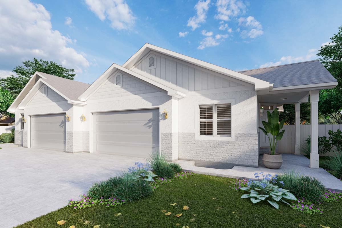 House plan exterior with a dual garage, white siding, stone accents, gables, and covered porch.