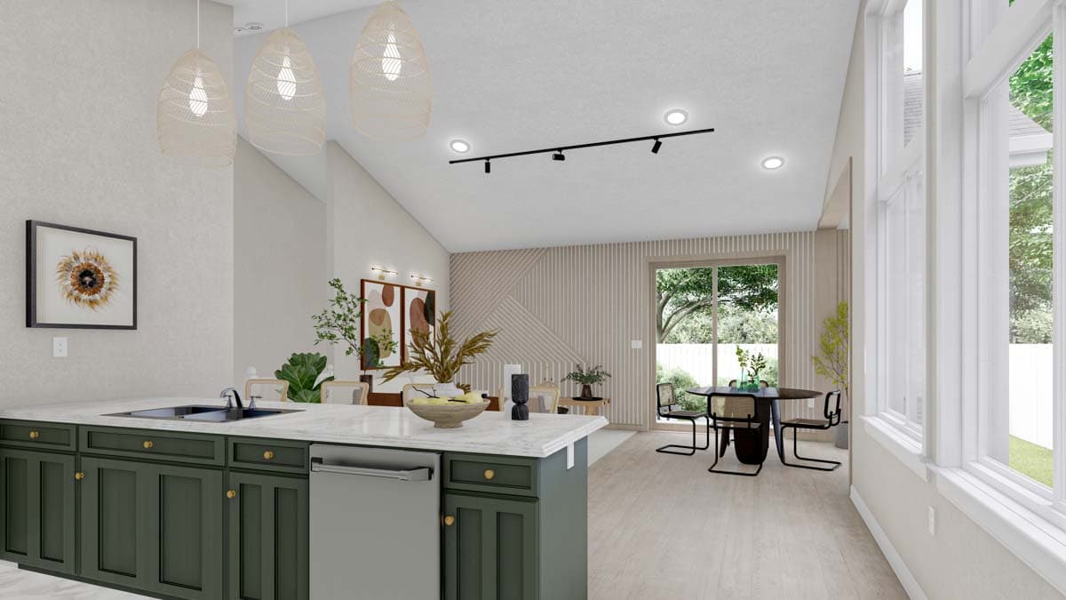 Interior rendering of an open-plan living space with a kitchen island, dining area, and large windows.