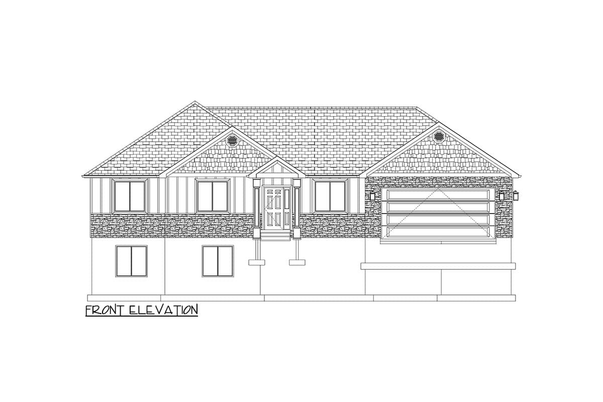 Front elevation drawing of a one-story house plan with a prominent gable, a covered entry porch, and an attached garage.