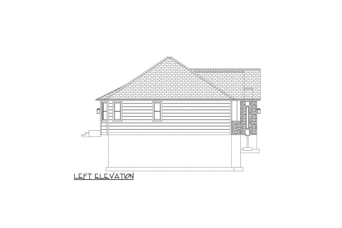 Left elevation drawing of a house plan featuring horizontal siding, stone accents, a gabled roof, and two windows.