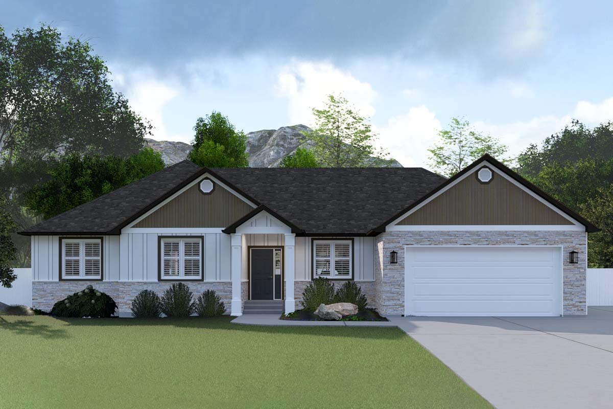 House plan exterior. Ranch style with stone accents, gabled roof, and a two-car garage. Features include board and batten siding.