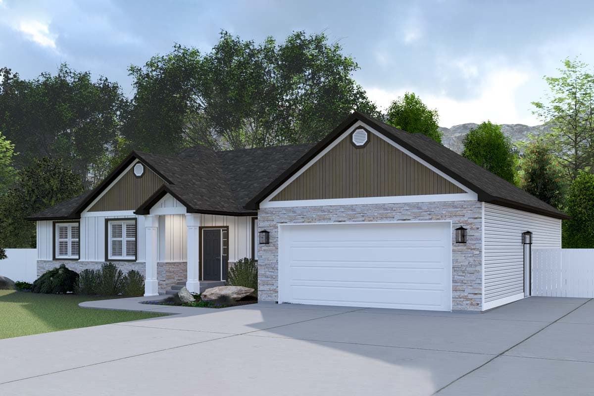 House plan exterior: Ranch style, single story with a gabled roof, stone and vertical siding, porch with columns, and a two-car garage.