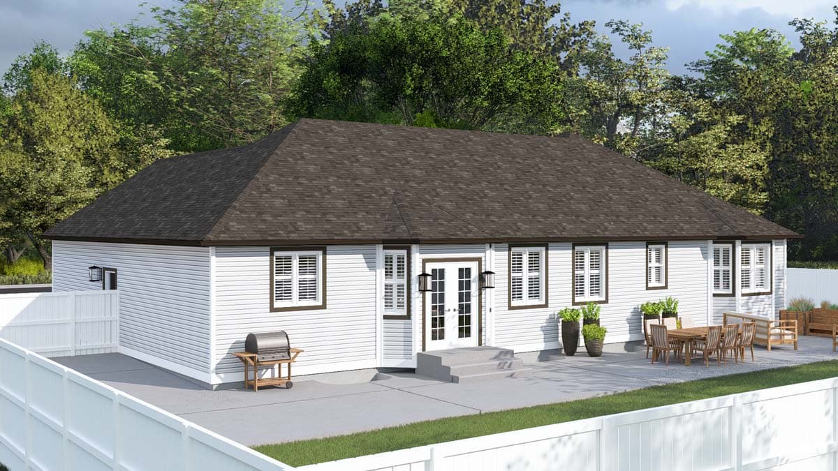 House plan exterior: One-story ranch with white siding, hip roof, double doors, and multiple windows.