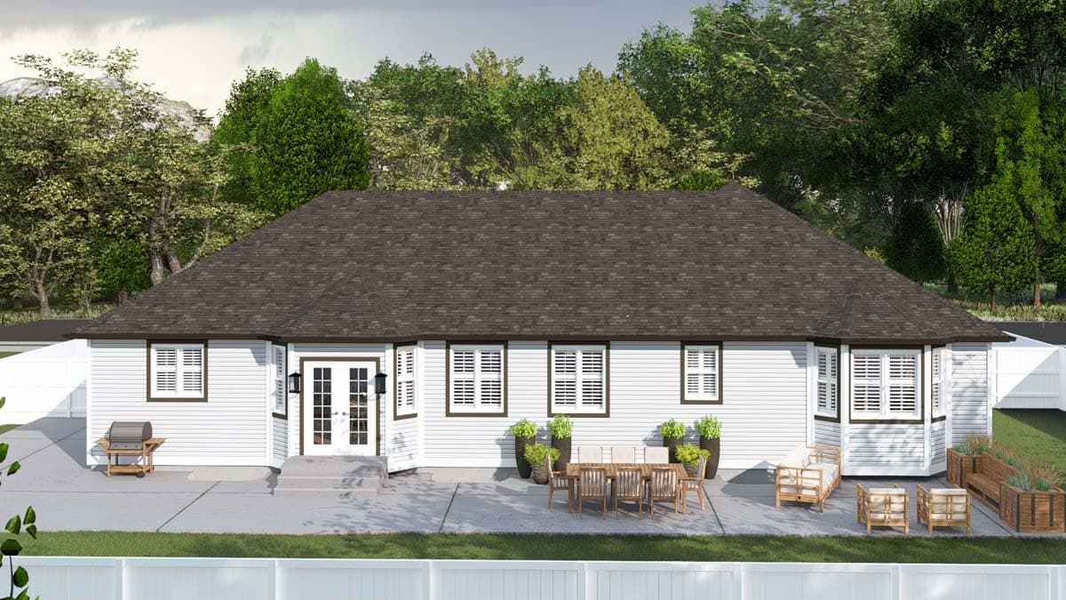 House plan exterior: single-story white siding, dark gable roof, French doors, bay windows, and patio.