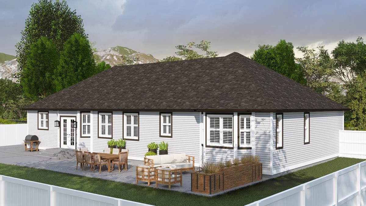 House plan exterior, single-story ranch with white siding, dark shingled hip roof, double doors, and multiple windows.