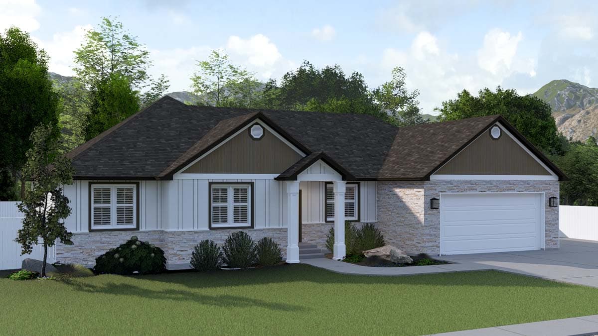 House plan exterior: Single-story Modern Farmhouse with stone accents, board-and-batten siding, prominent gable, and attached two-car garage.