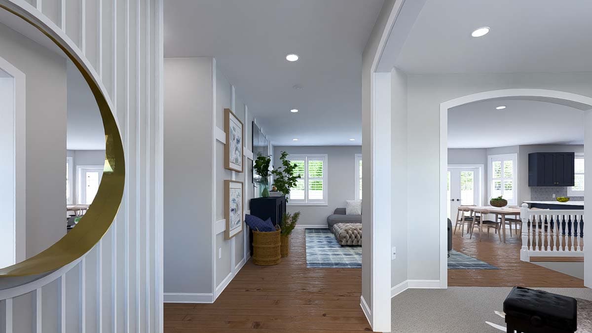 Interior view of a house plan. Hallway opens to a living room with fireplace and a dining area leading to the kitchen.