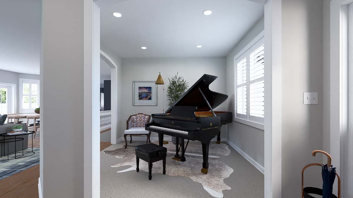 Interior view of a music room with a grand piano, decorative chair, and large shuttered windows.