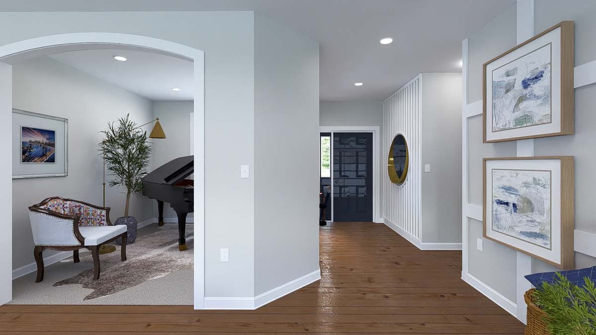Interior rendering of a home entry with an arched doorway to a room with a piano and decorative chair, and a hallway with wainscoting.