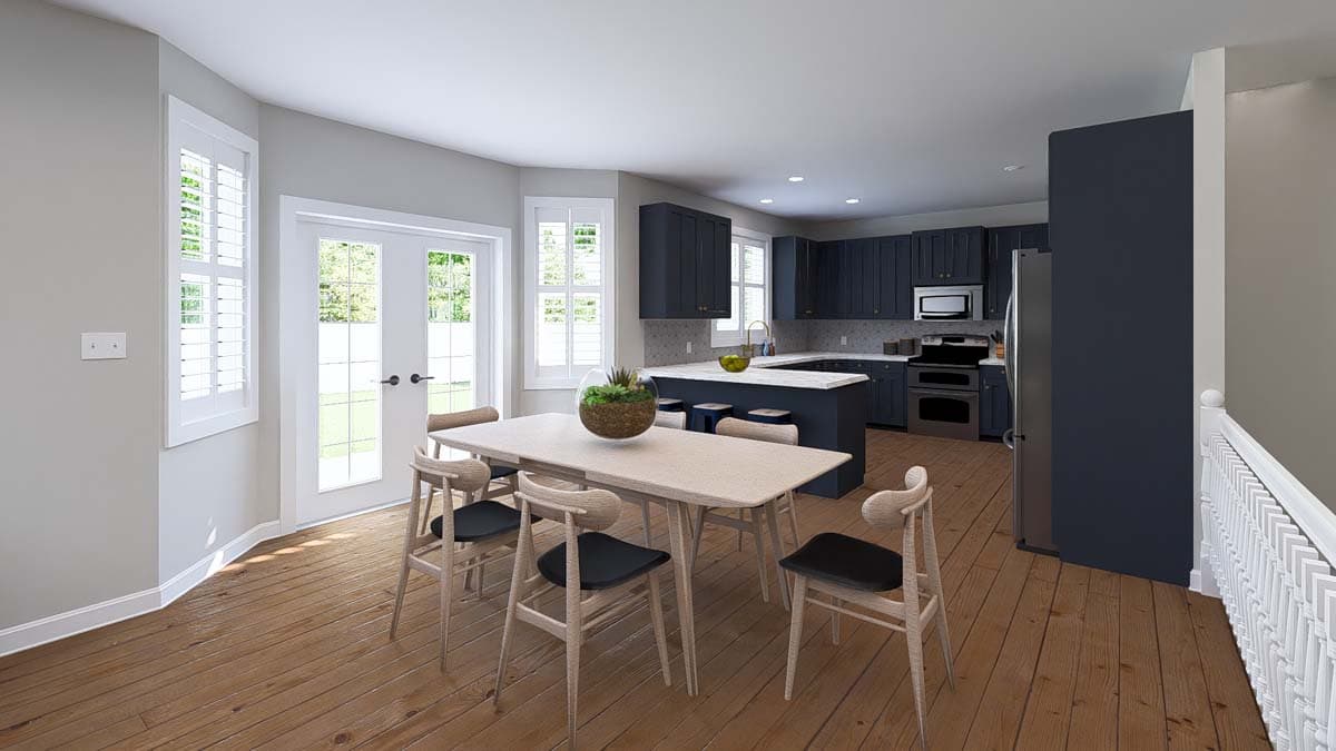 Dining area and kitchen with dark cabinets, an island, stainless steel appliances, double doors, and plantation shutters.