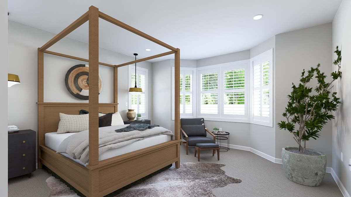 Interior rendering of a bedroom with a four-poster bed, bay windows with shutters, and a seating area.
