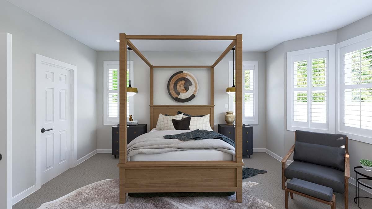 Primary bedroom interior rendering with four-poster bed, plantation shutters, and accent chair.