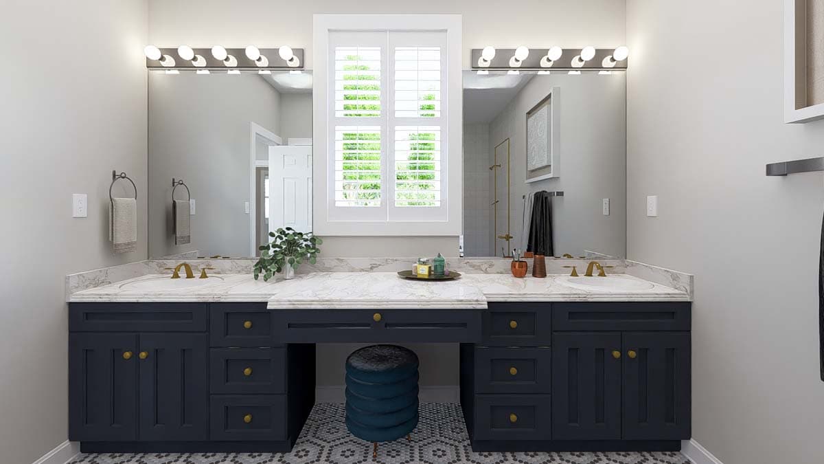 Bathroom vanity with dual sinks, marble countertops, dark cabinetry, vanity seating, and wall-mounted light fixtures.