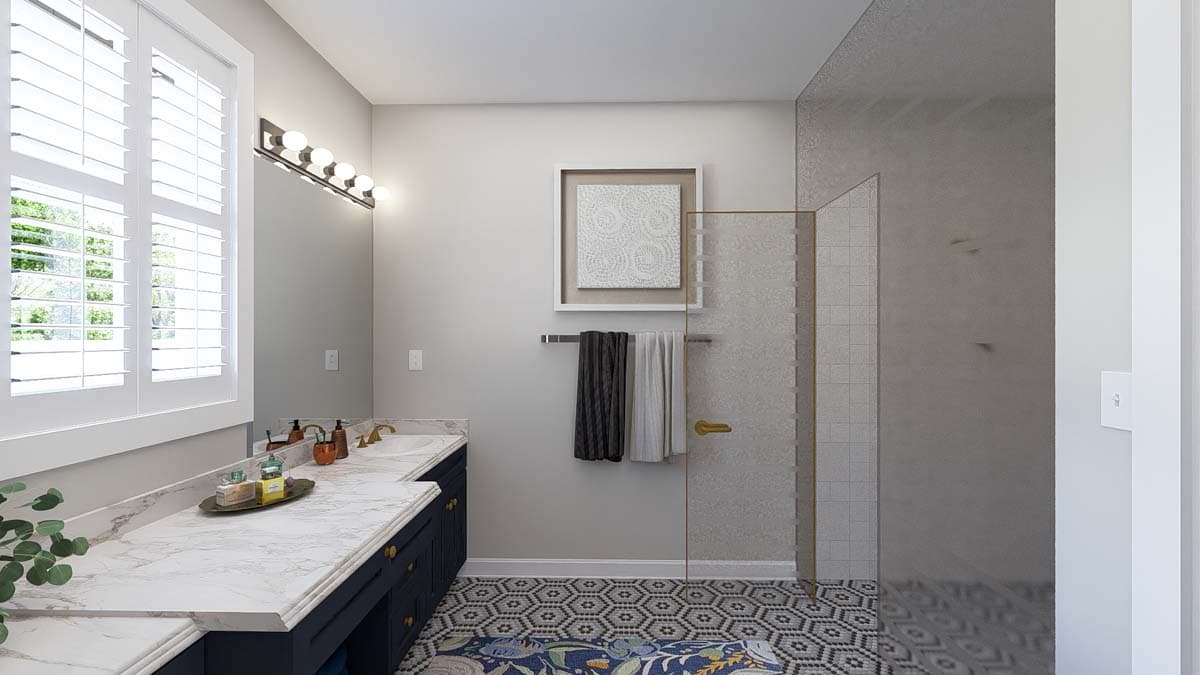 Bathroom with double vanity, plantation shutters, and glass-enclosed shower with mosaic tile.