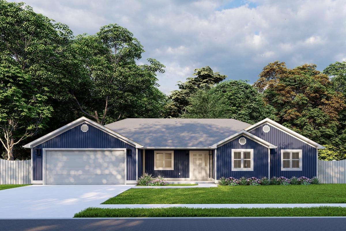 House plan exterior. Single-story Ranch style. Features include gabled roof, attached garage, and symmetrical façade with small dormers.