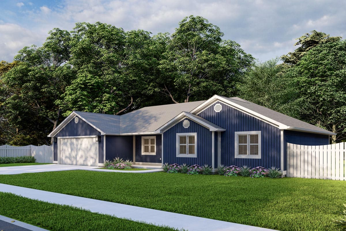 House plan exterior rendering of a single-story Modern Farmhouse with blue siding, gabled dormers, and attached garage.