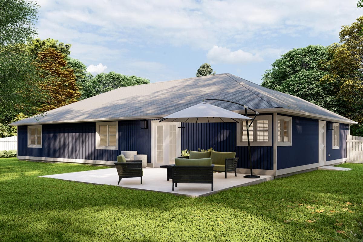 Ranch house plan exterior with dark blue vertical siding, white trim, shutters, and double doors leading to patio.