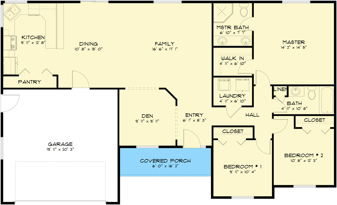 Plan 61480UT: 3-Bed 2-Bath 1-Story House Plan with 2-Car Garage - 1521 Sq Ft - Floor Plan - Main Level - Ranch, Southern, Traditional