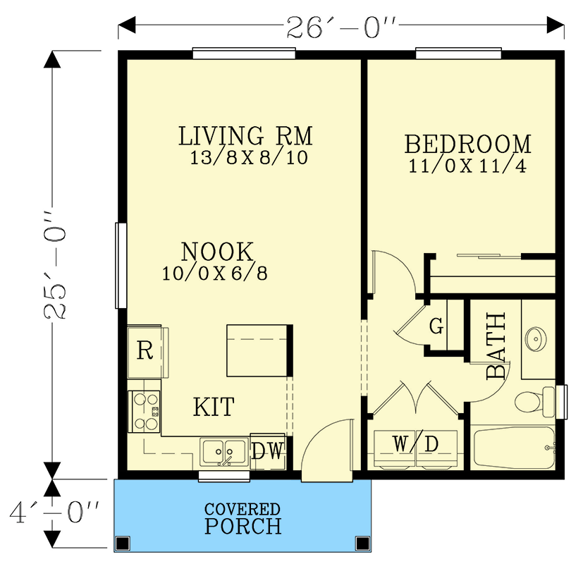 Plan 28127J: 650 Square Foot ADU with One Bedroom - Architectural Designs - Floor Plan - Main Level - Cabin, Cottage