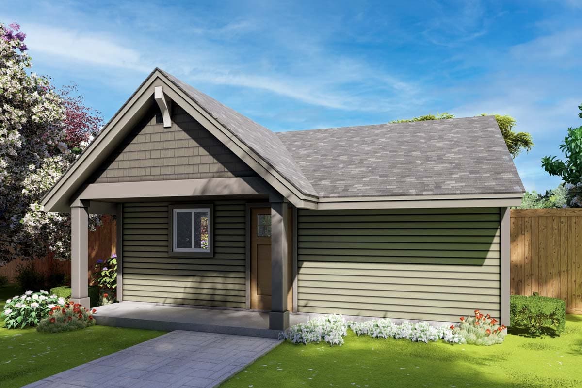 House plan exterior featuring a one-story structure with a gabled roof, a covered porch, and horizontal siding. The design includes a side entry.