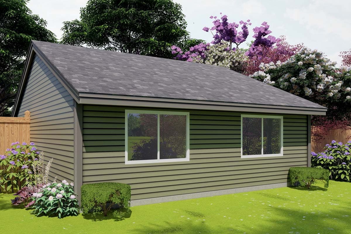 House plan exterior of a single-story building with horizontal siding, a gable roof, and two large windows.