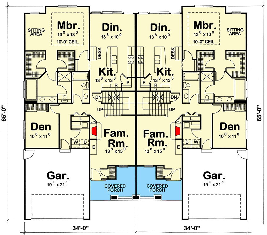 Plan 42729DB: Craftsman Duplex House Plan with Mirrored 2045 Square Foot 3 Bed Units - Floor Plan - Main Level - Craftsman, Traditional